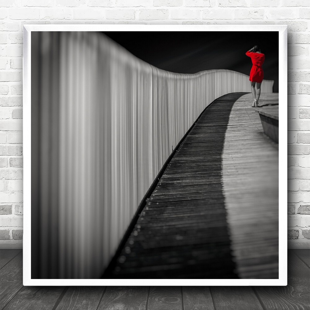 Street Woman Red Handrail Selective Colour Colour Walk Walking Square Art Print