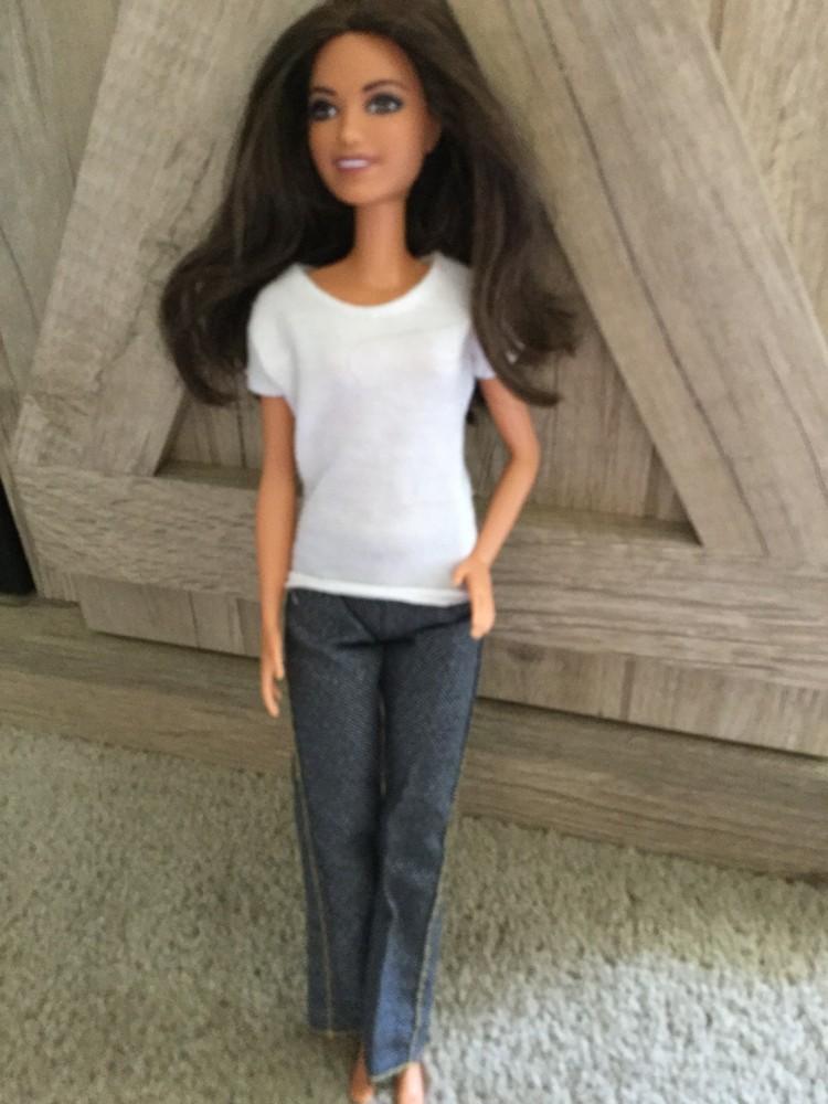 Barbie Doll Pants Dark Denim Blue Jeans with Brown Stitching Waist Band Long