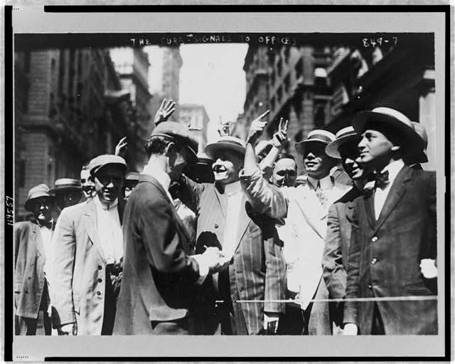 Signalling to offices, curb market, New York City, Stock trading, brokers,