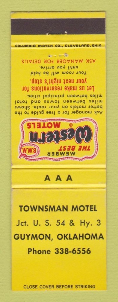 Matchbook Cover - Best Western Townsman Motel Guymon OK