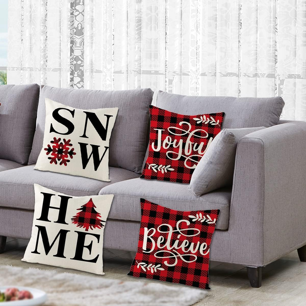 Christmas Decorations Pillow Covers 18X18 Inch, Set of 4 Black and Red Buffalo P