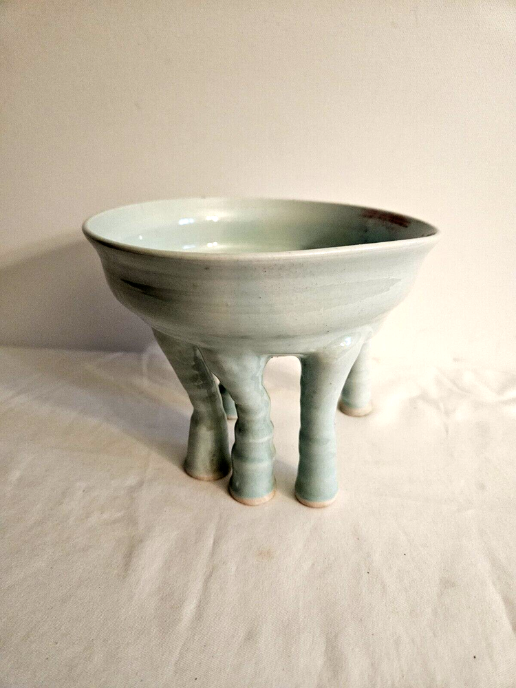 Abstract Green & Red Pedestal Pottery Bowl 5.75H x 7.125D-image