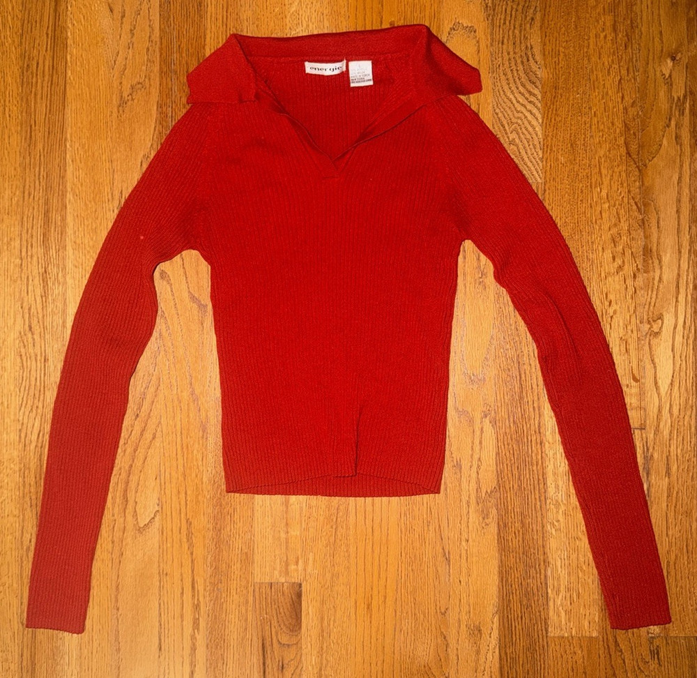 Energie Women’s Red Rib-Knit Collared Long Sleeve Pullover Sweater
