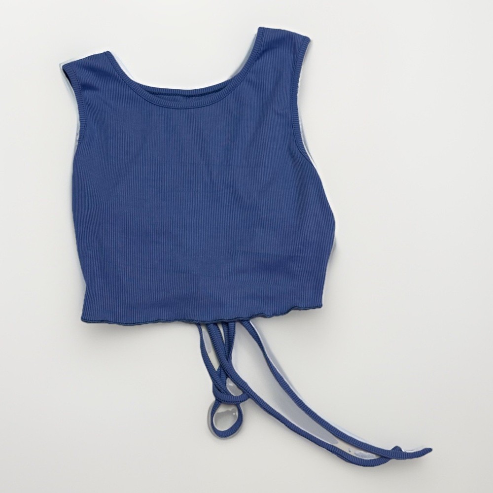 SheIn Women Size S Plain Blue Ribbed-Knit Crop Tank Top Cinched Open Back Tie