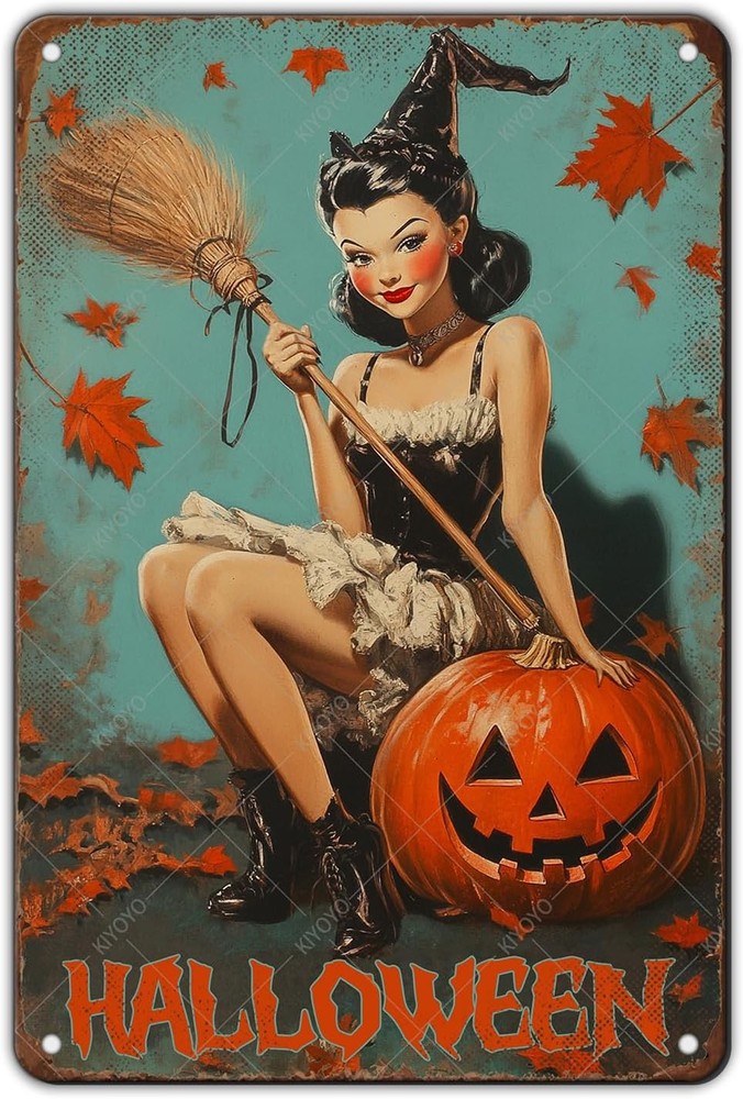 Wall Halloween Pin Up Witch Tin Metal Signs Poster Wall Plaque Vintage Kit