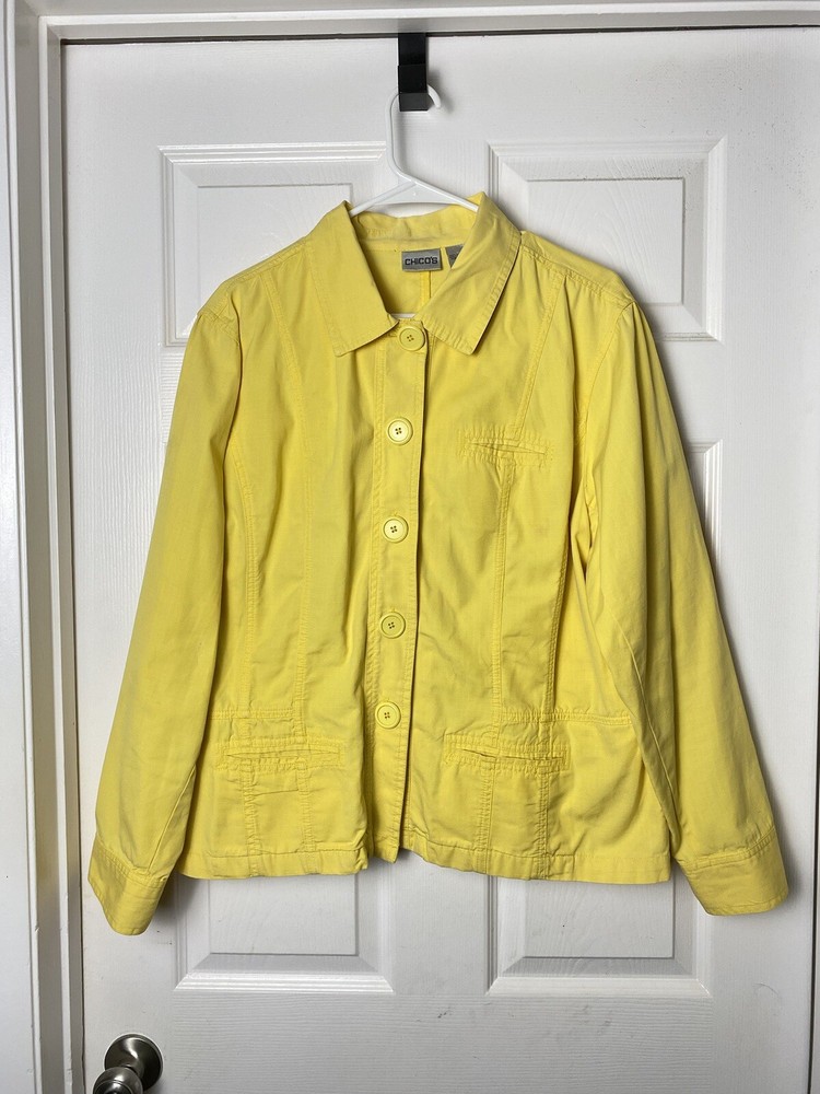 Chico's Jacket Cheerful Sunshine Yellow 100% Cotton Large Button Front Size 3(L)