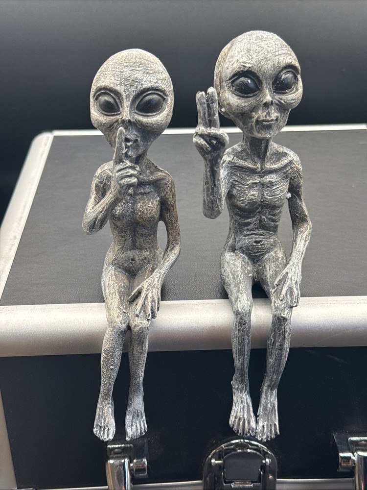 Alien Invasion “Peace & Quiet” 10″ H Shelf Sitters Set of 2 - Alien Gray Resin