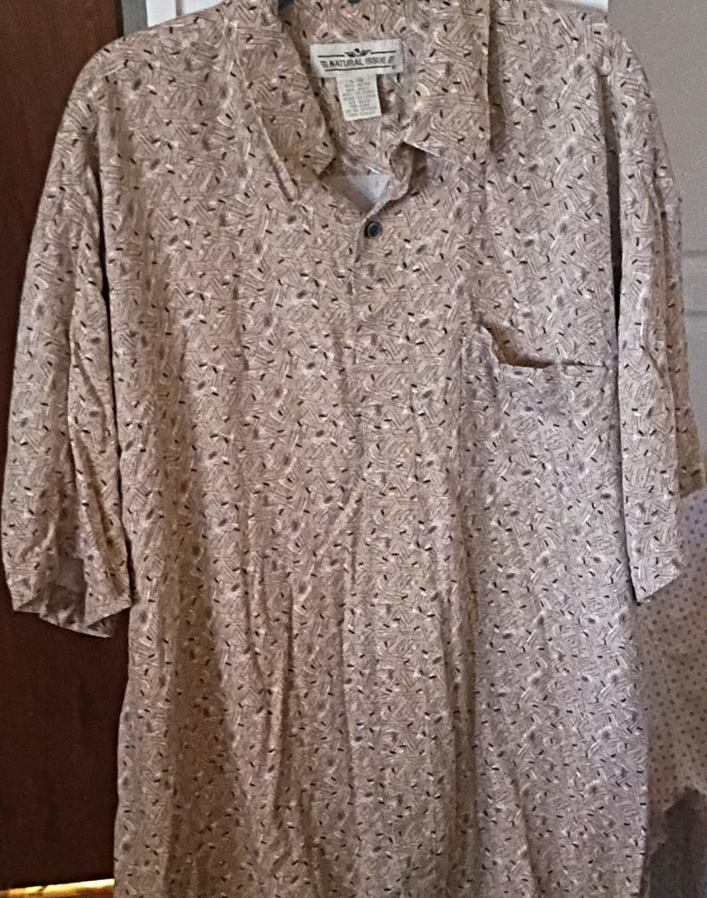 Natural Issue Men's Beige Geometric Short Sleeve Rayon Button-Up Shirt, Size L