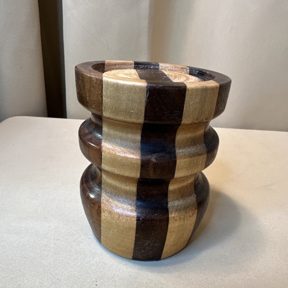 Heavy Solid VTG MCM Two-Toned Hardwood Pillar Candleholder Hand- Turned *read*