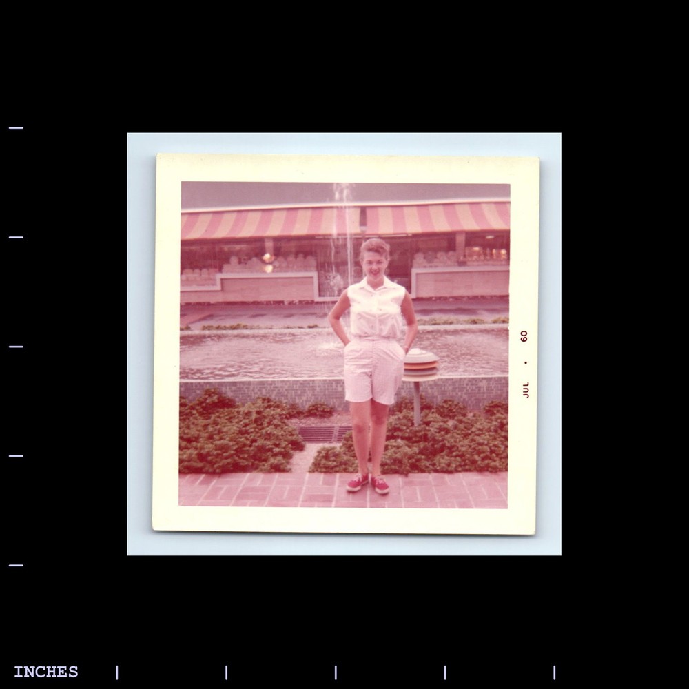 Square Color Photo LEGGY WOMAN STANDING BY WATER FOUNTAIN 1960