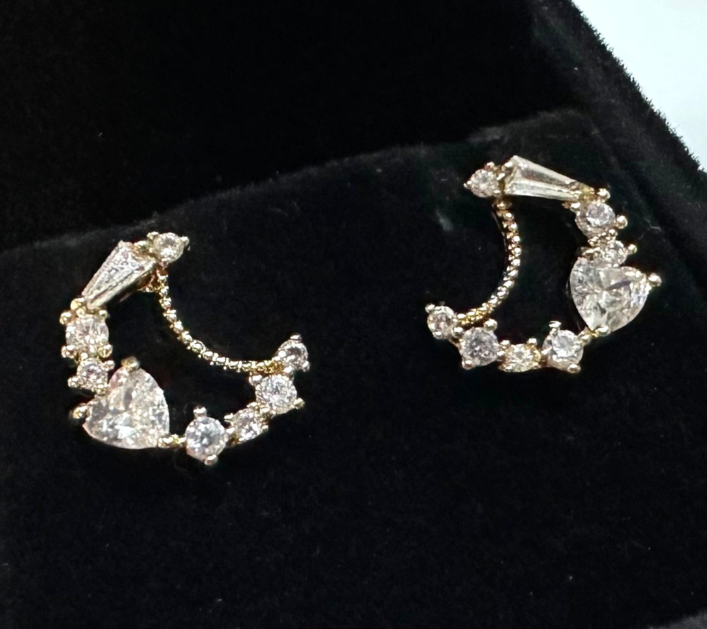 Vtg Costume Gold Tone Rhinestone Moon Pierced Earrings Jewelry Lot I