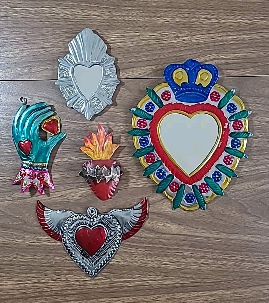 Mexican Stamped Tin El Corazon Sacred Heart Mirrors Ornaments Handpainted Art