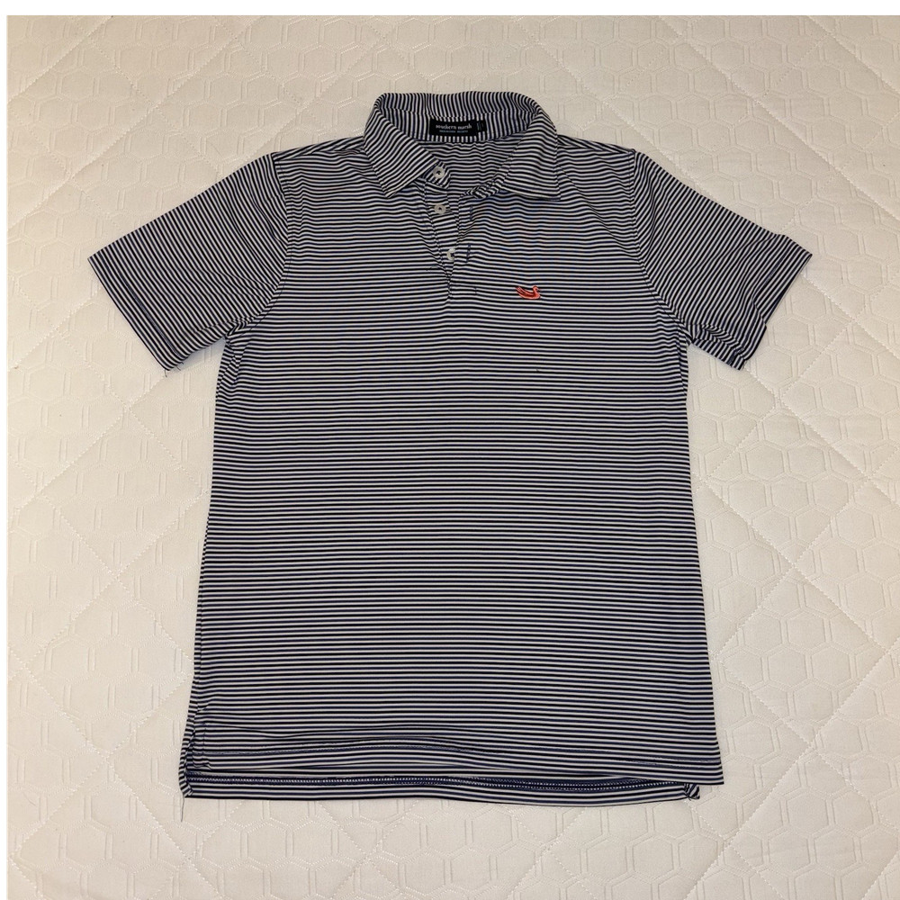 Southern Marsh Boys Size Large Striped Navy White Short Sleeve Polo Shirt