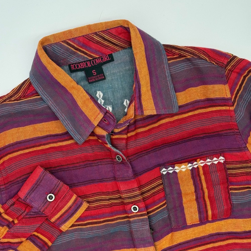 Rock & Roll Cowgirl Aztec Embroidered Striped Western Shirt Women’s Size Small