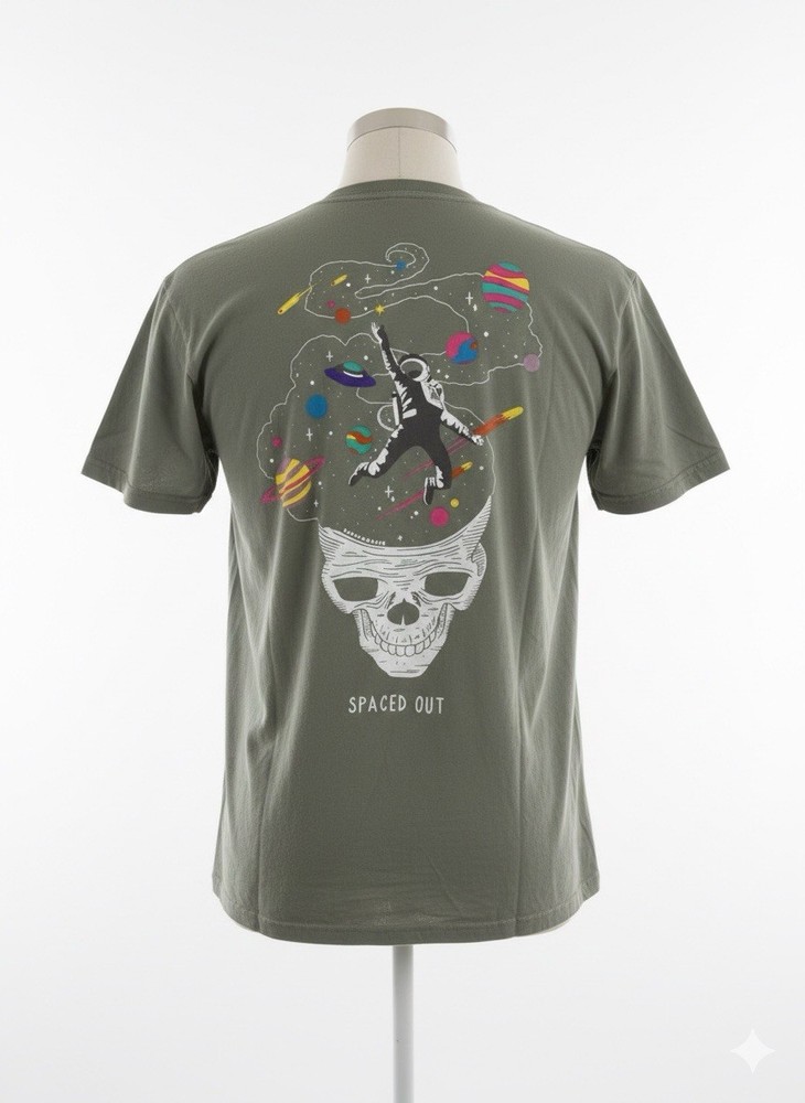 Threadless Spaced Out Graphic T-Shirt M Sage Green Skull Astronaut Darker Days
