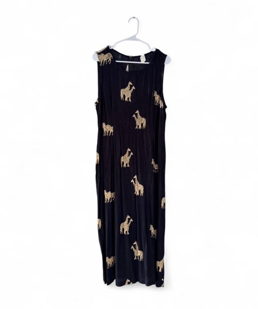 Vintage 90s Black Rayon Safari Animal Print Midi Dress Made in USA Size 16