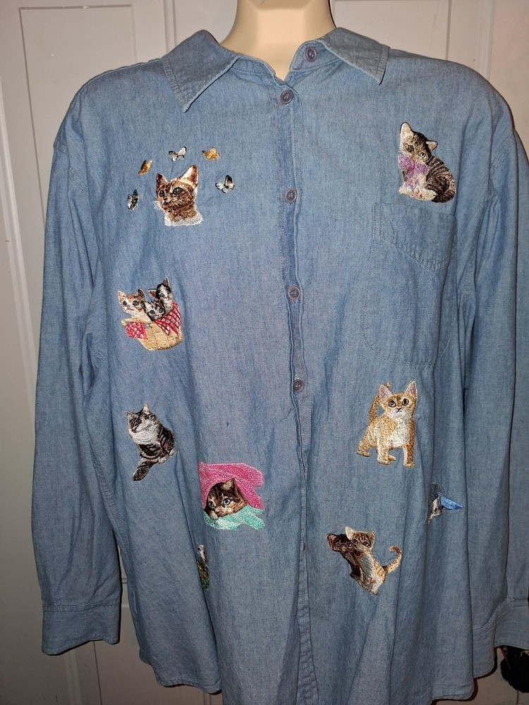 Vintage Cat Embroidered Shirt Womens 22 Chambray Button Kitten Cottagecore Cute