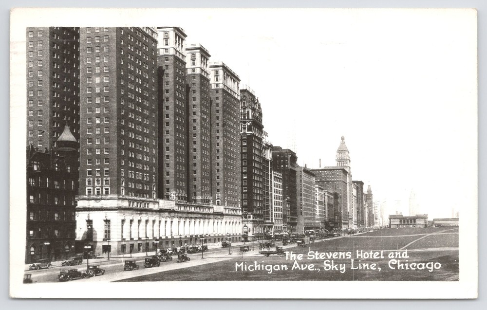 Chicago~Stevens Hotel~Michigan Ave Skyline~Grogan Co~Real Photo Postcard~RPPC