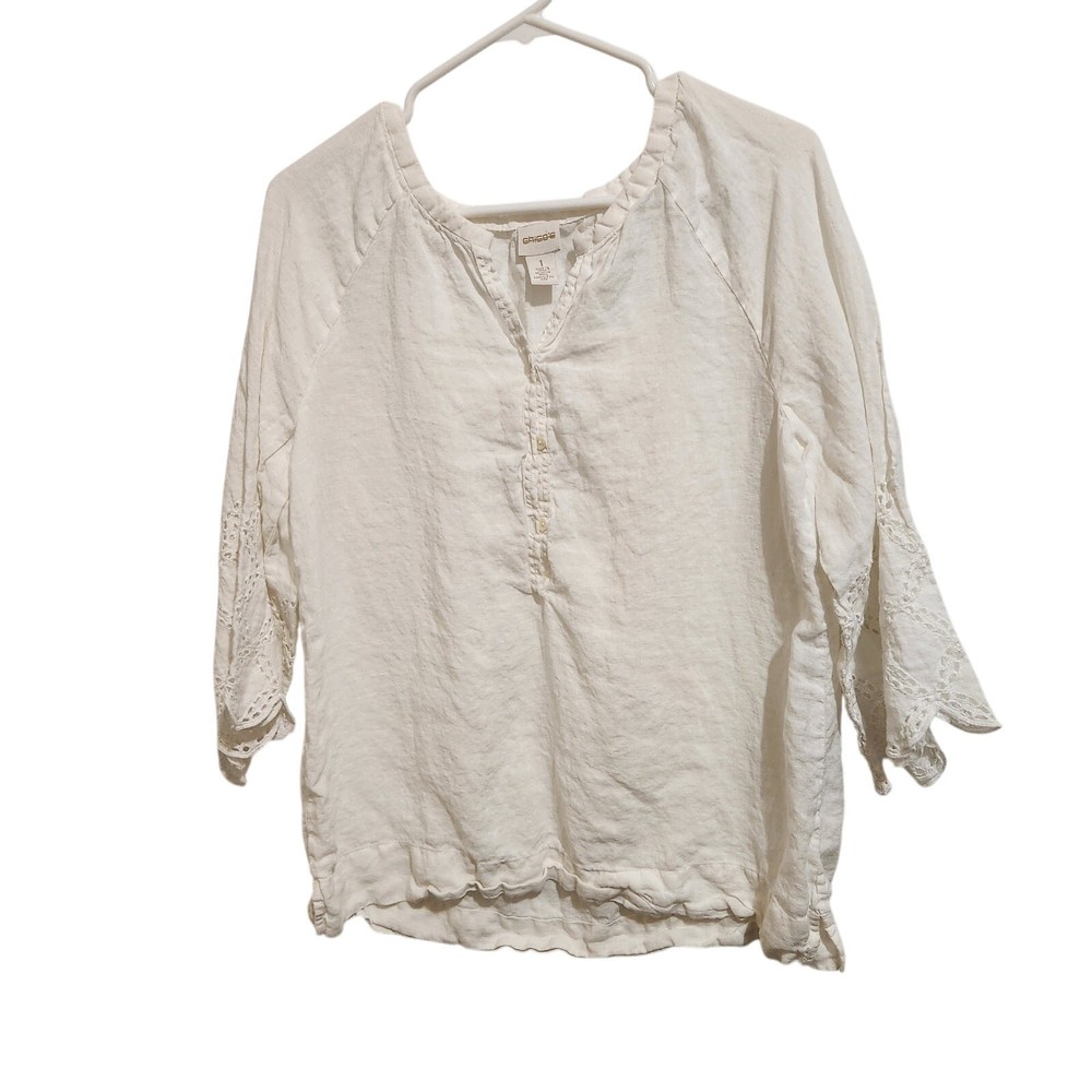 Chico's White 3/4 Sleeves Button Front V-Neck 100% Linen Blouse Top Size 1 (M)