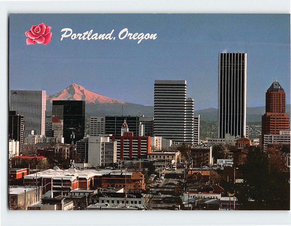 Postcard City of roses at dusk Portland Oregon USA