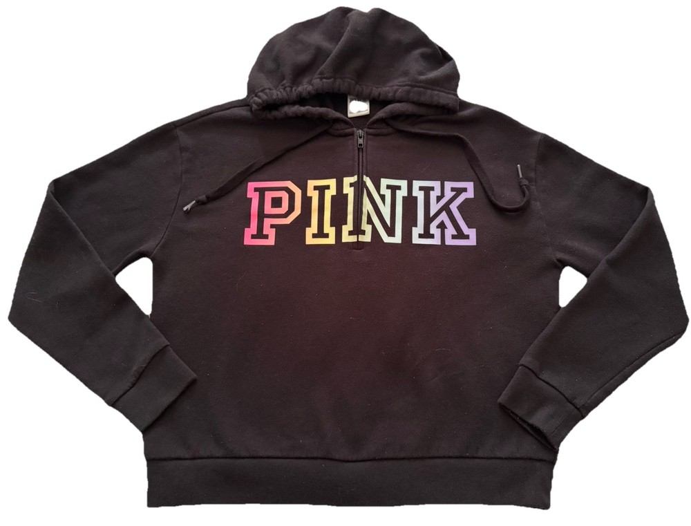 🩷💛💚💜Victoria’s Secret PINK 1/4 Zip Hoodie-Black Rainbow Logo-Size XS💜💚💛🩷