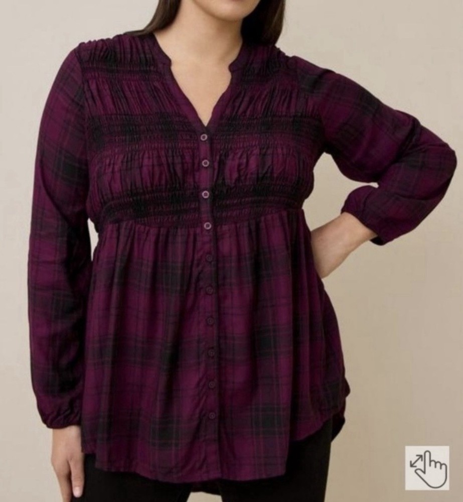 torrid Dark Purple Plaid V-Neck Button-Front Tunic Top Sz 1