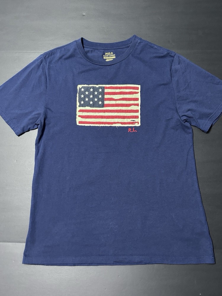 Vtg Polo Ralph Lauren USA Flag Shirt Boys XL 18-20 / Mens S Navy