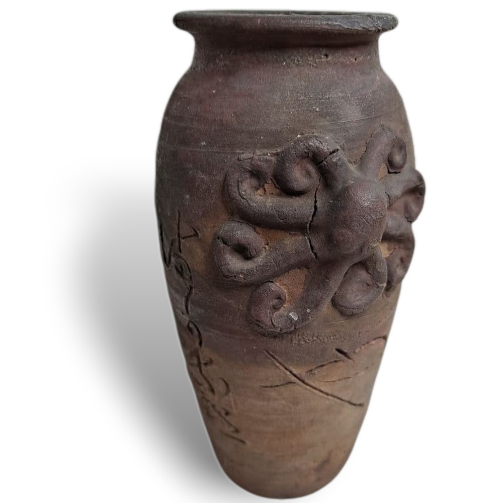 Bizen Edo Pottery Vase Octopus 19th C Japanese Antique Ceramic Jar 6.3 inch