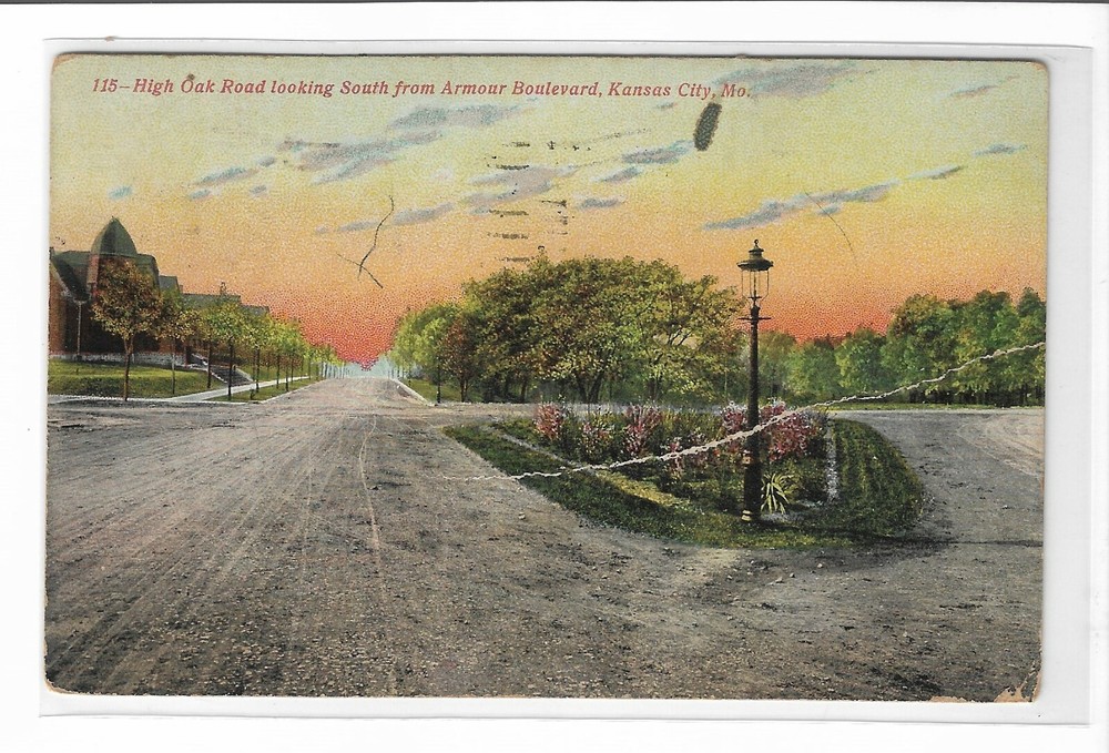 VTG Postcard High Oak Rd Looking South from Armour Blvd Kansas City, MO 1925