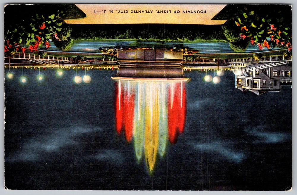 Vtg Linen Postcard Fountain Of Light Atlantic City, NJ 1930s