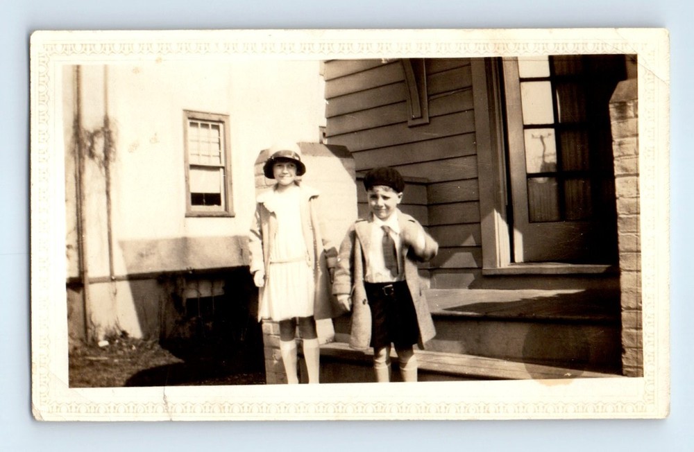 Old Vintage Photo BOY GIRL STANDING OUTSIDE HOUSE ANTIQUE SNAPSHOT PHOTOGRAPH