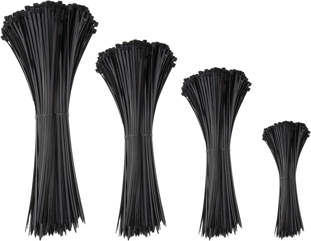 200-Pack Black UV-Resistant Zip Ties in 4+6+8+12 Inch Sizes
