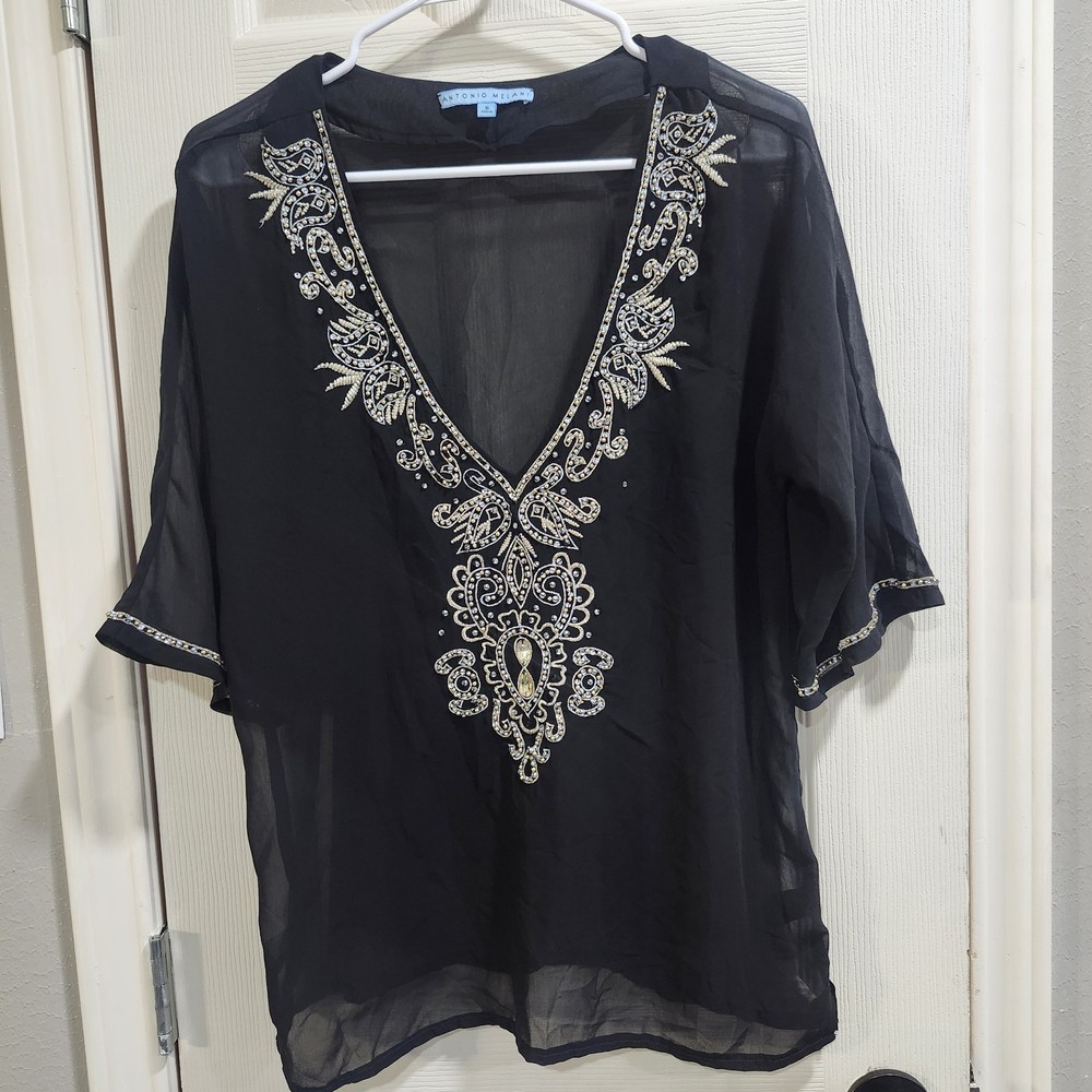 Antonio Melani Blouse S Black Sheer Beaded Embroidered Silk Tunic Top