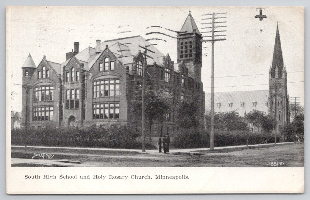 1907 Minneapolis South High School & Holy Rosary Church Postcard