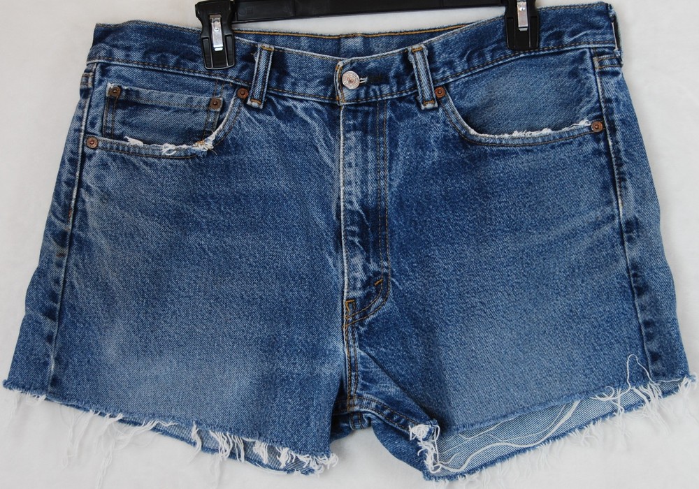 Levis 505 Cut Off Denim Shorts Women 36 W Blue Medium Wash Button Fly Distressed