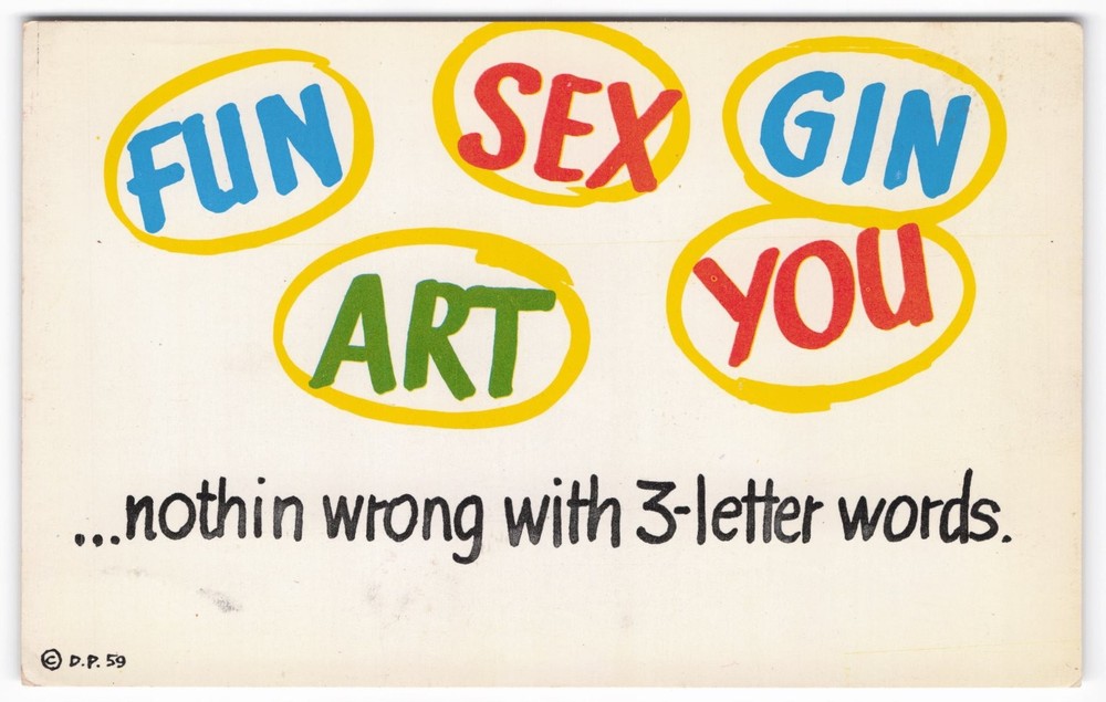 Vintage 1959 Dexter Press Postcard Humorous 3-Letter Words FUN SEX GIN ART YOU