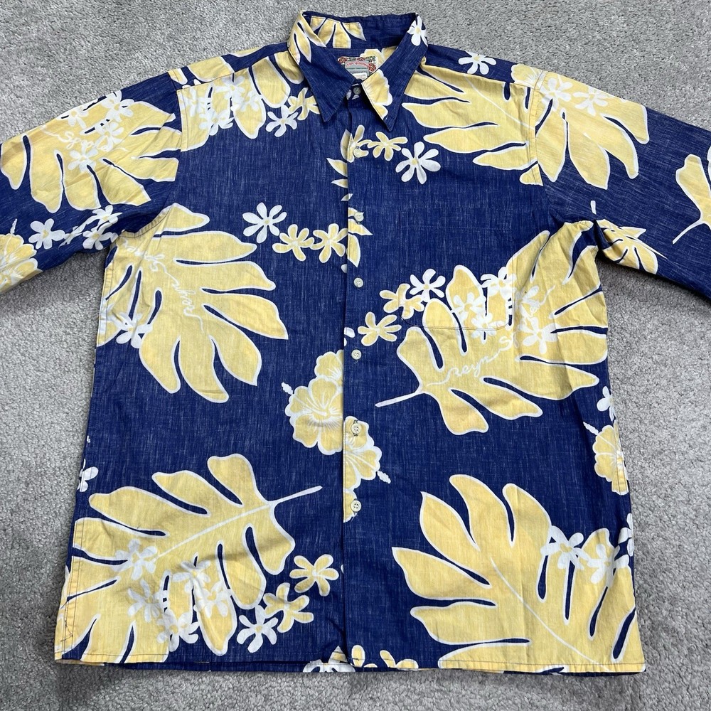 REYN SPOONER Shirt Mens Medium Blue & Yellow Floral Hawaii Commemorative Classic