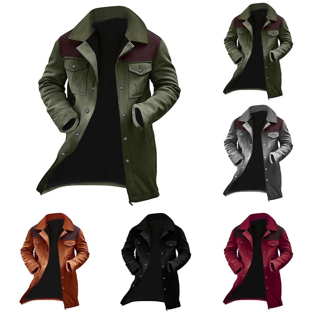 Men Multipocket Casual Suede Jacket Color Matching Windproof Warm Trench Coat