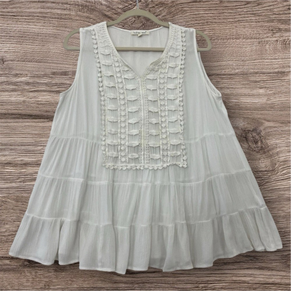 Indigo Soul Womens Crochet Trim Tiered Top Size Large Summer Boho Beachy Chic