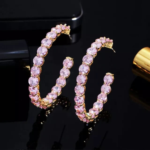 2Ct Round Pink Sapphire Huggie Hoops in 14K Gold Plated