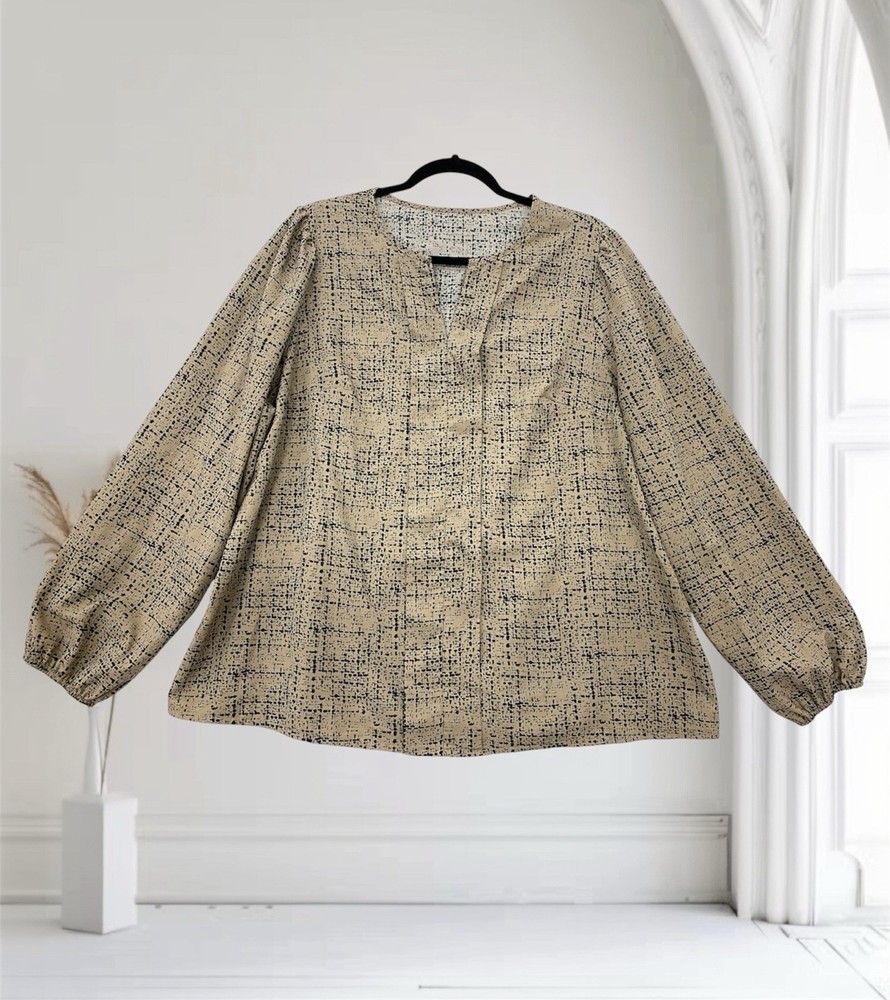 Womens Geo Print Pleated V Neck Long Sleeve Top Size 1X Lightweight Summer Chic