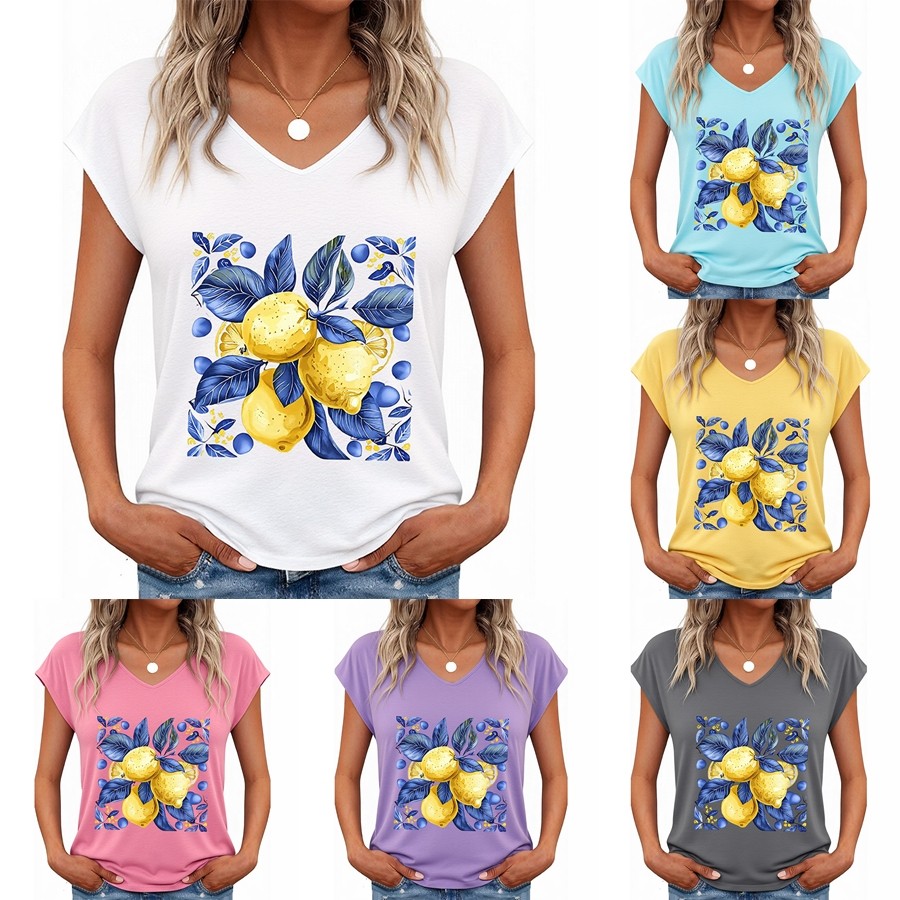 Women Short Sleeve T-Shirt Lemon Pattern V Neck Cotton T Shirts Plain Tee S-5XL♪