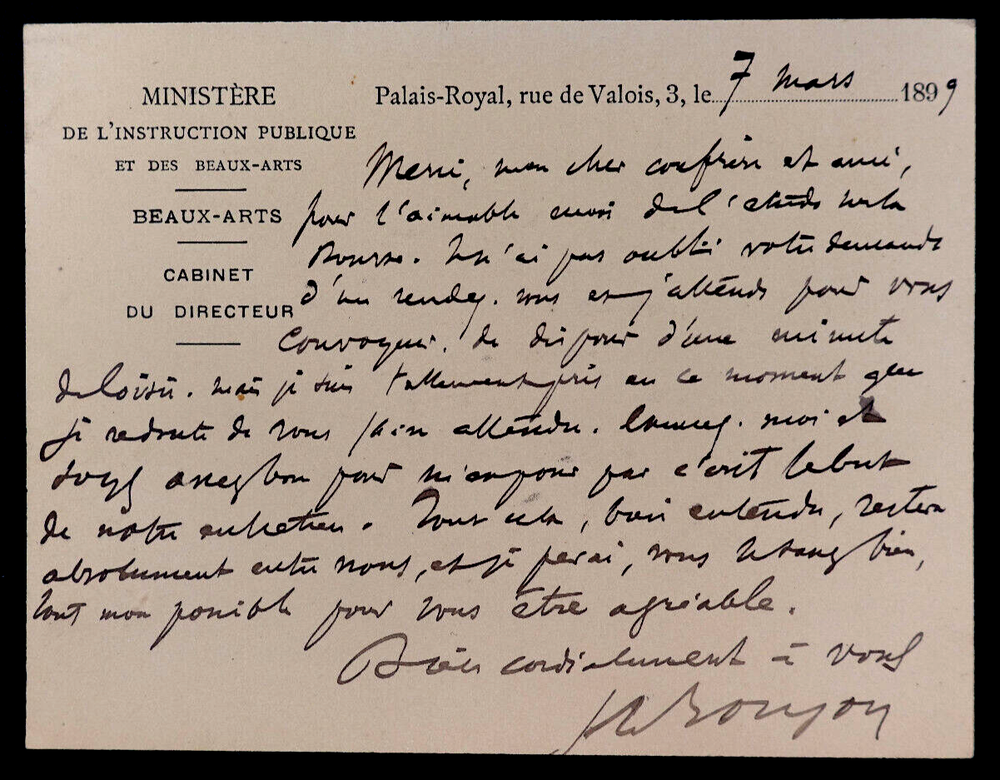Henry ROUJON, Essayist - SIGNED AUTOGRAPH LETTER CARD, Palais-Royal, 1899