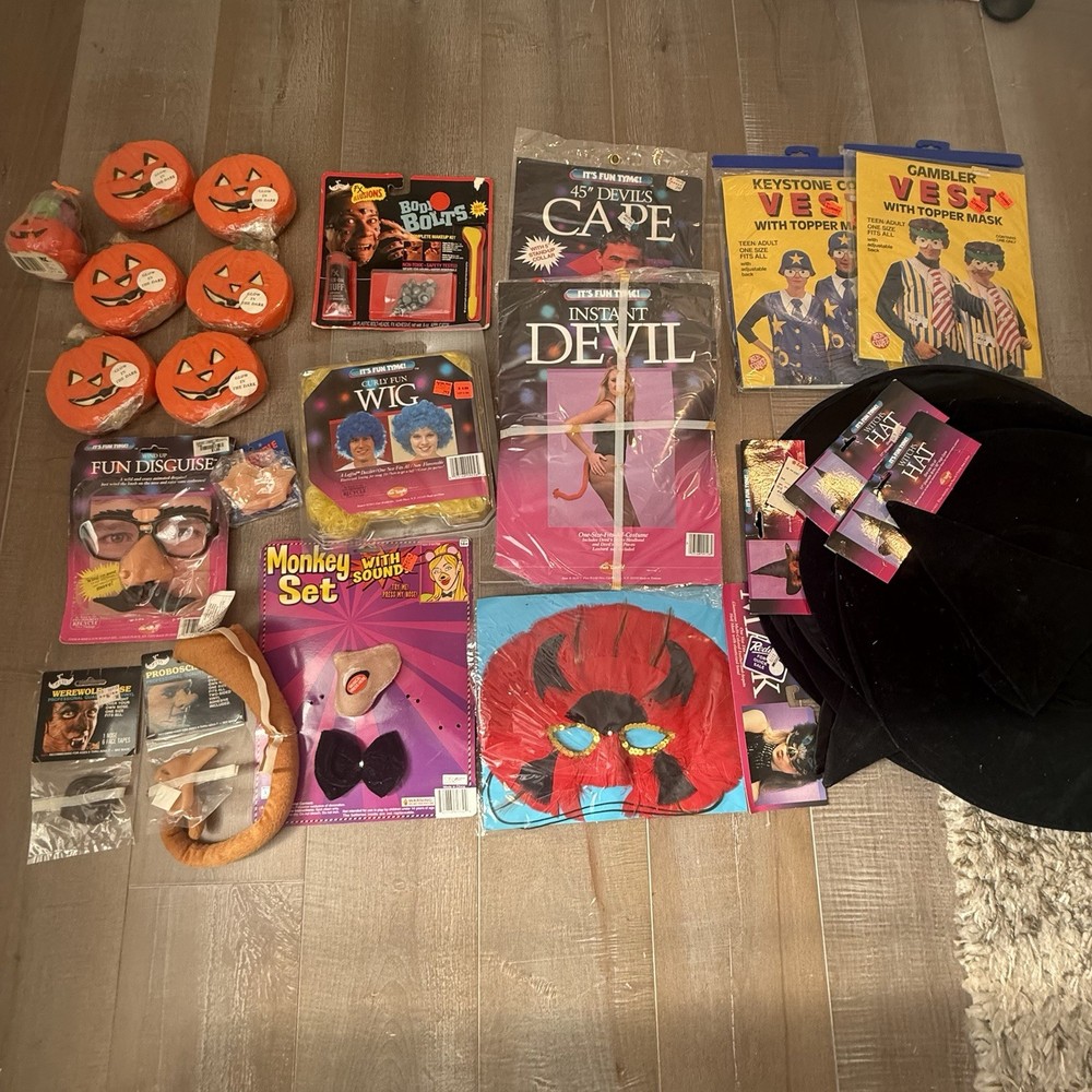 Vintage Halloween Costume Lot NOS Sealed Masks Hats Wigs Props