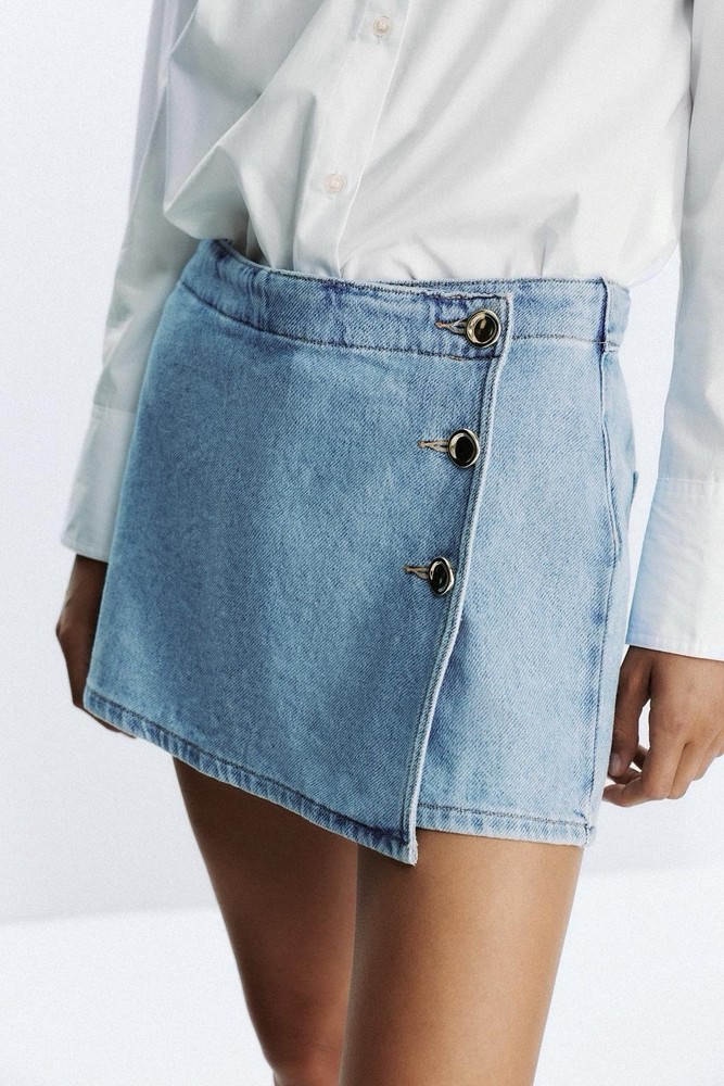 ZARA Women's Blue Denim Wrap Skort High Waist Patch Pockets Size M