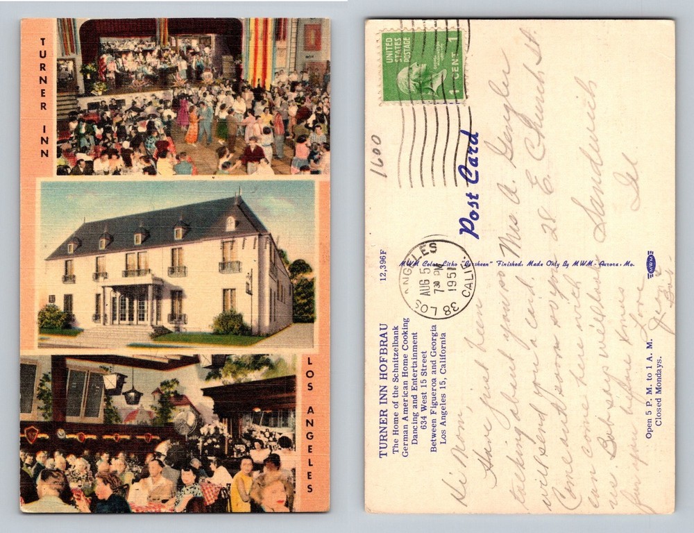Los Angeles, CA-California, Turner Inn Hofbrau Dining Vintage c1951 Postcard