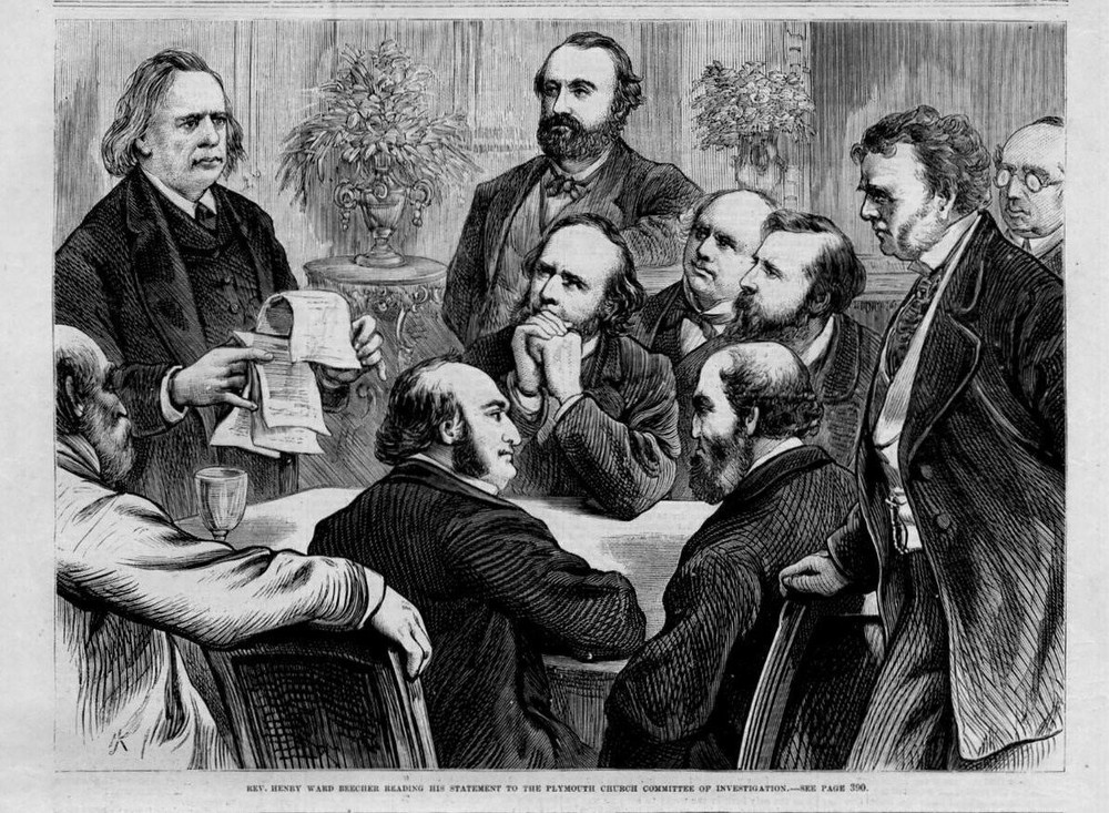HENRY WARD BEECHER READING STATEMENT TO PLYMOUTH CHURCH COMMITTEE INVESTIGATION
