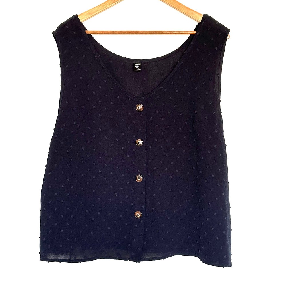 Shein Curve Shirt Women's 3XL Navy Blue Sleeveless Swiss Dot Sheer Top