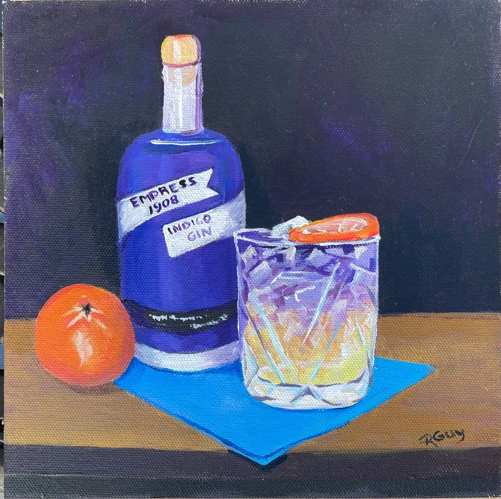 Original 8x8 framed oil painting Empress Gin & Tonic by R guy