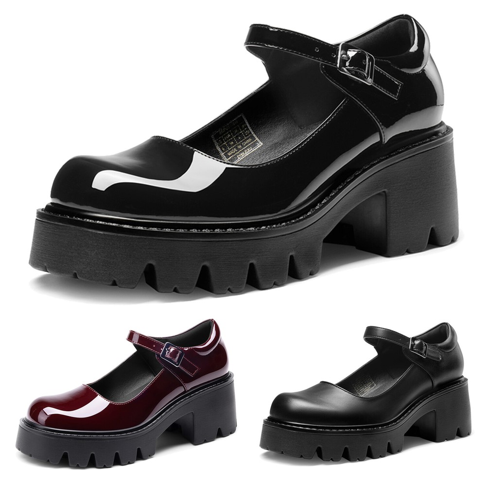Women Ankle Strap Platform Low Chunky Heel Round Toe Mary Jane Pumps Dress Shoes